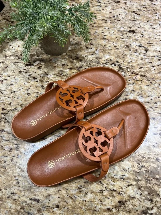 Tory Burch Miller Cloud Caramel Brown Leather Sandals 8.5 - Picture 3 of 11